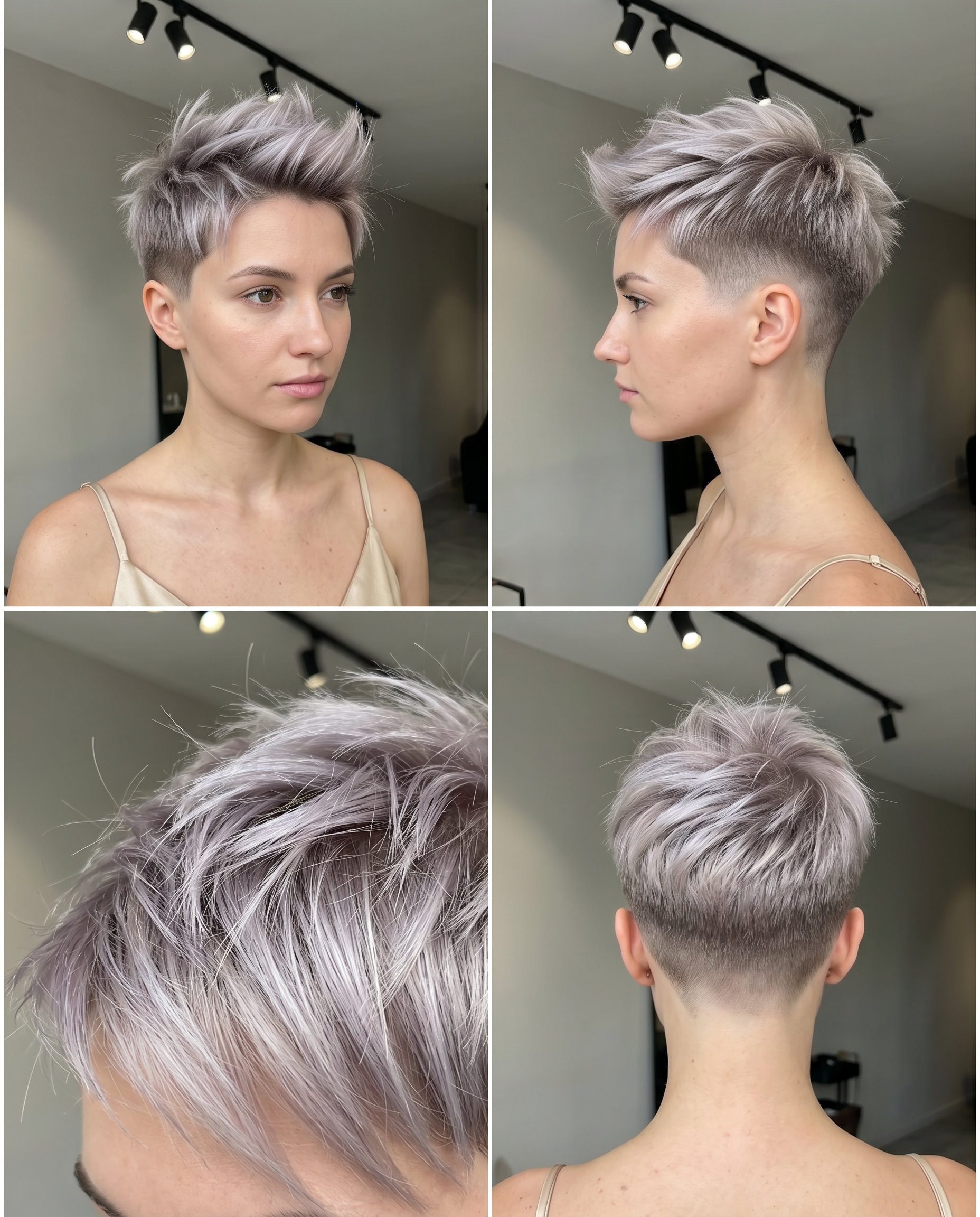 very short pixie haircut in ash blonde with root smudge, choppy layers — edgy rebellious festival