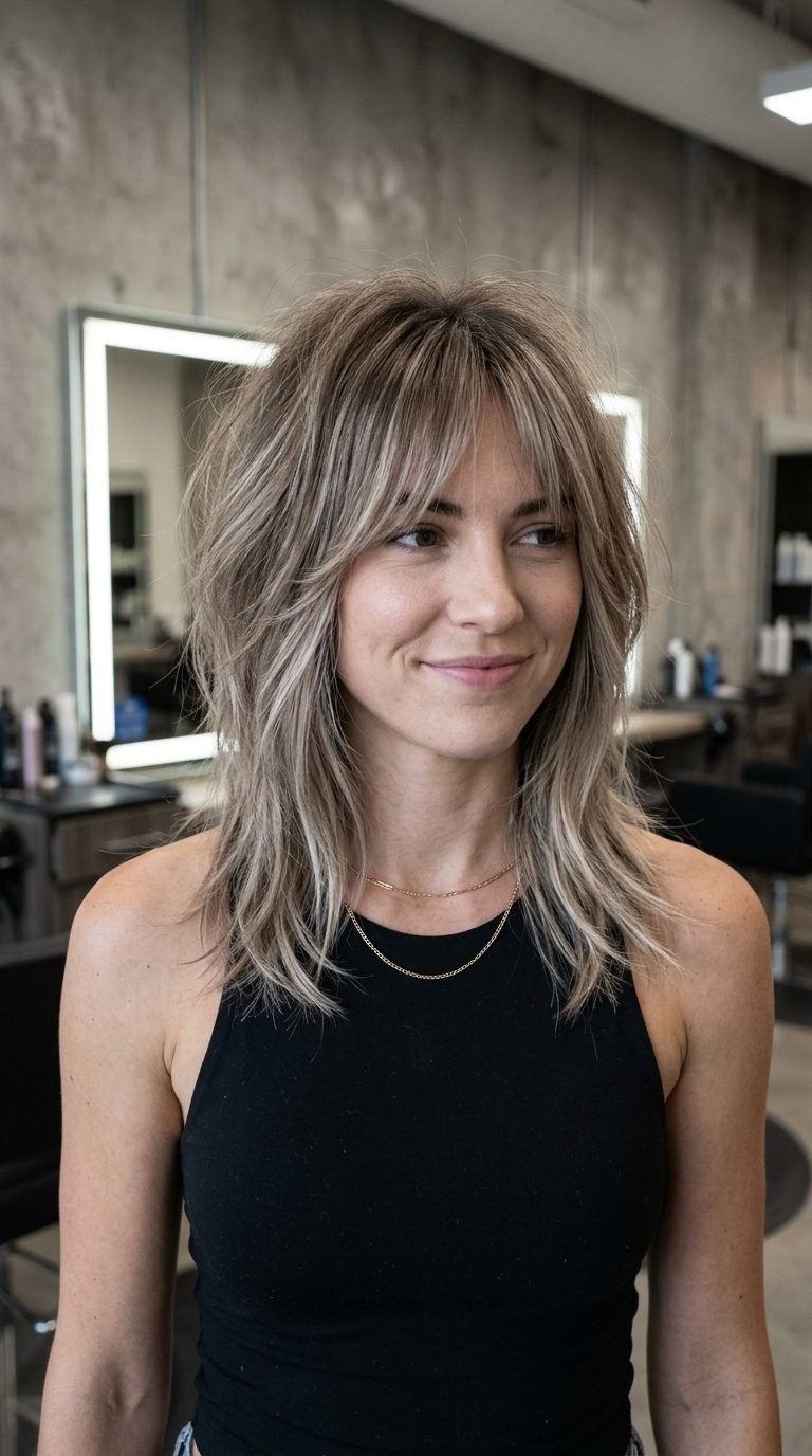 medium-length shag haircut in cool ash bronde with beige blonde highlights and curtain bangs — edgy effortless style