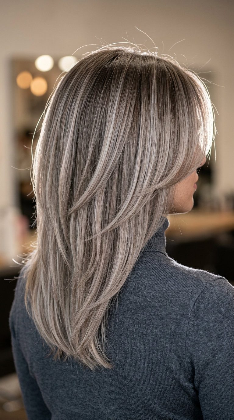 long layered hair with ash brown and ash blonde balayage, face-framing money pieces — dimensional
