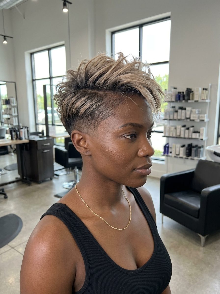 medium-short top undercut dark ash brown root to icy-warm blonde ends, textured layers for edgy look