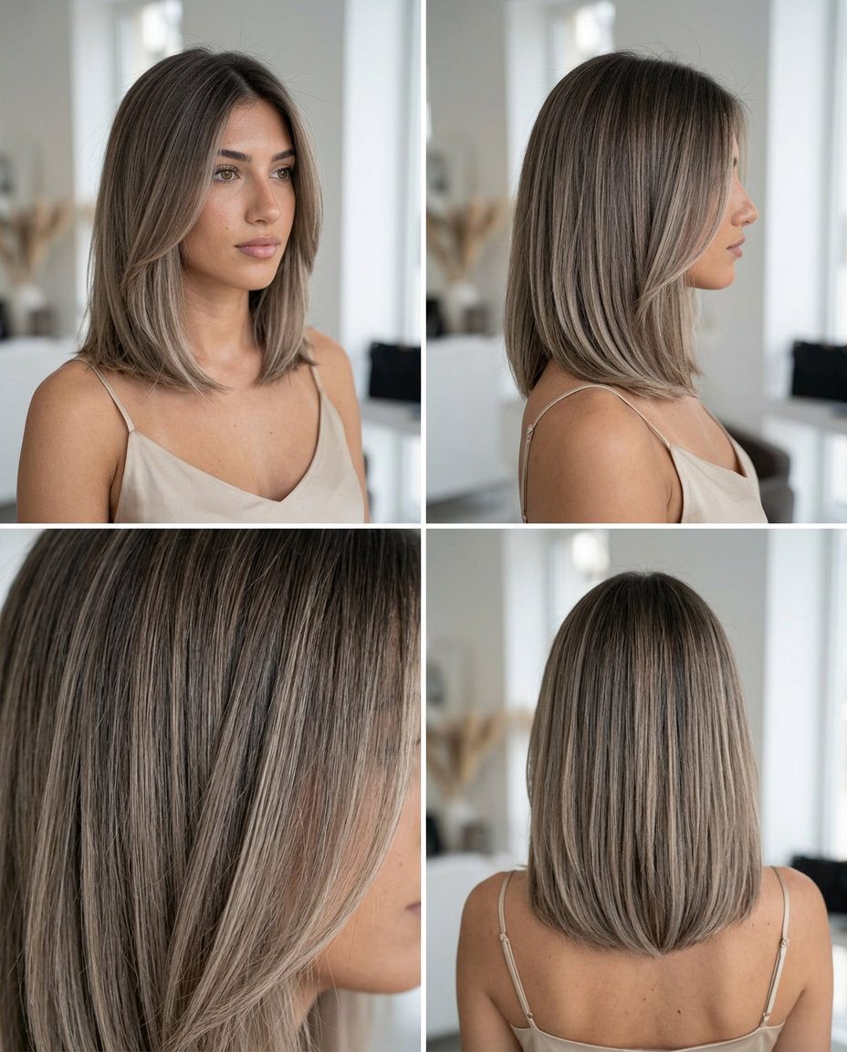collarbone-length ash brown lob with cool beige balayage and natural root for effortless style