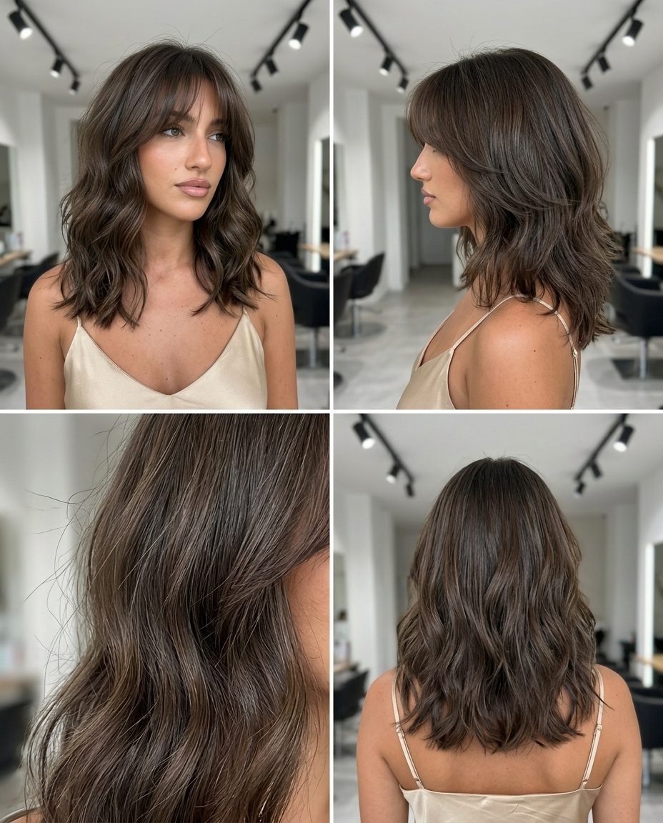Smoky Root Wavy Midi-Wolf Haircut 2026 medium midi-wolf wavy haircut in ash brown to cool brunette, choppy layers, wispy curtain bangs — edgy festival style