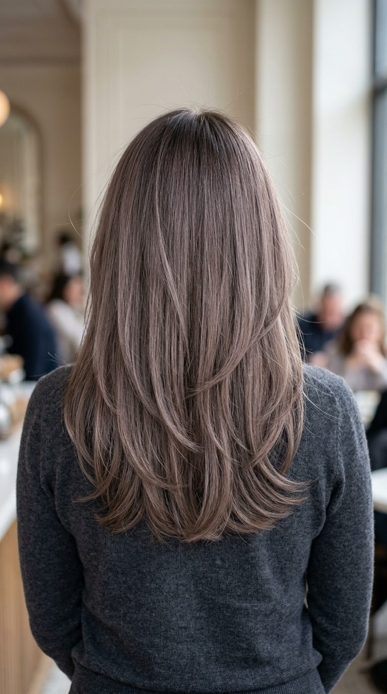long ash brown shadow root with cool mocha and violet-beige tones for summer
