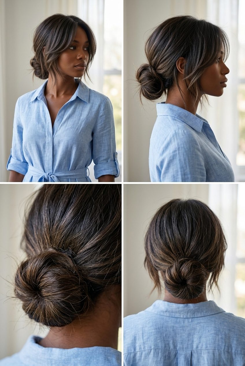 long shag haircut in cool ash brown, messy nape bun, minimalist daily office