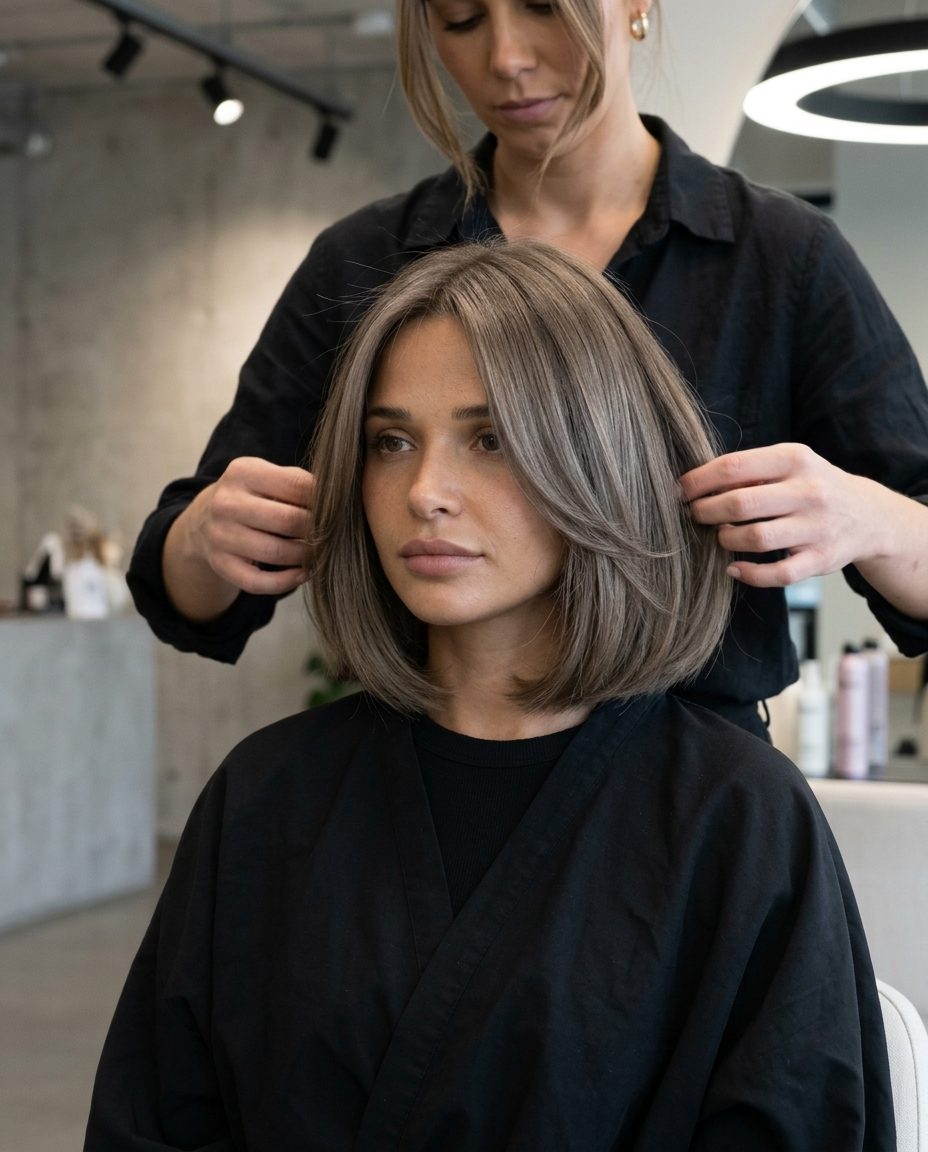 Polished Ash Brown Bob 2026 medium ash brown bob with cool lowlights, natural root blend and softly tapered nape for summer