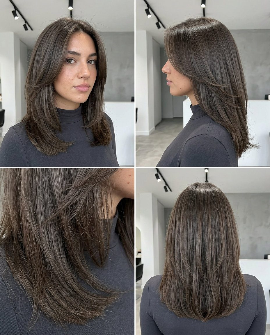 medium butterfly haircut in ash brown with charcoal undertones, internal layers, no fringe — professional sophisticated style