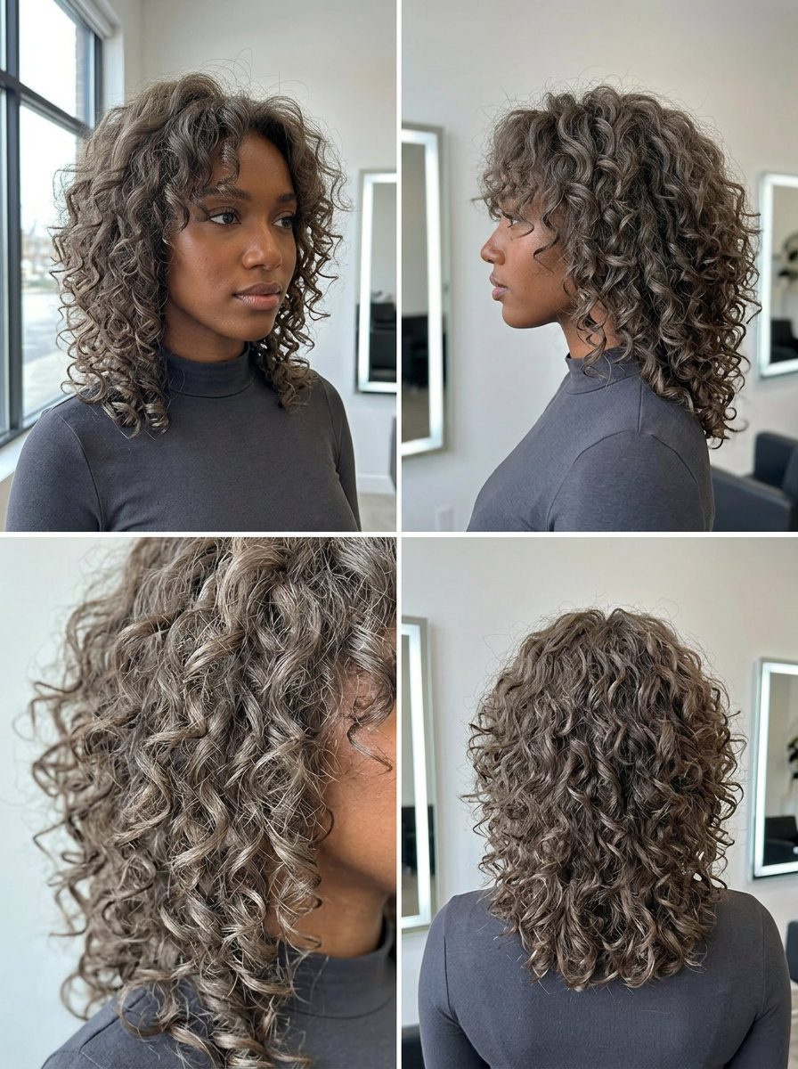 medium-length curly wolf cut in ash brown, silver undertones, textured layers — natural textured
