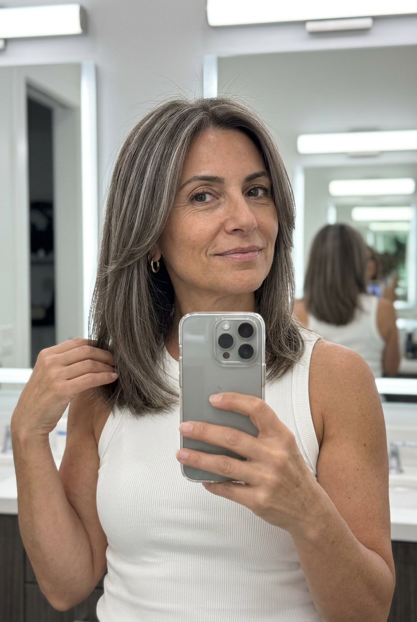 mid-length haircut in cool ash brown with silver micro-highlights, invisible internal layers — minimalist and effortless
