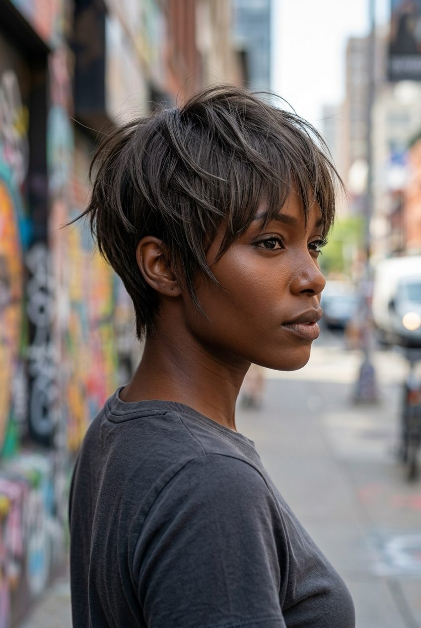 Edgy Ash Brown Bixie Haircut 2026 short razored bixie haircut with cool ash brown lowlights, deep point cutting, brow-grazing fringe — edgy festival look