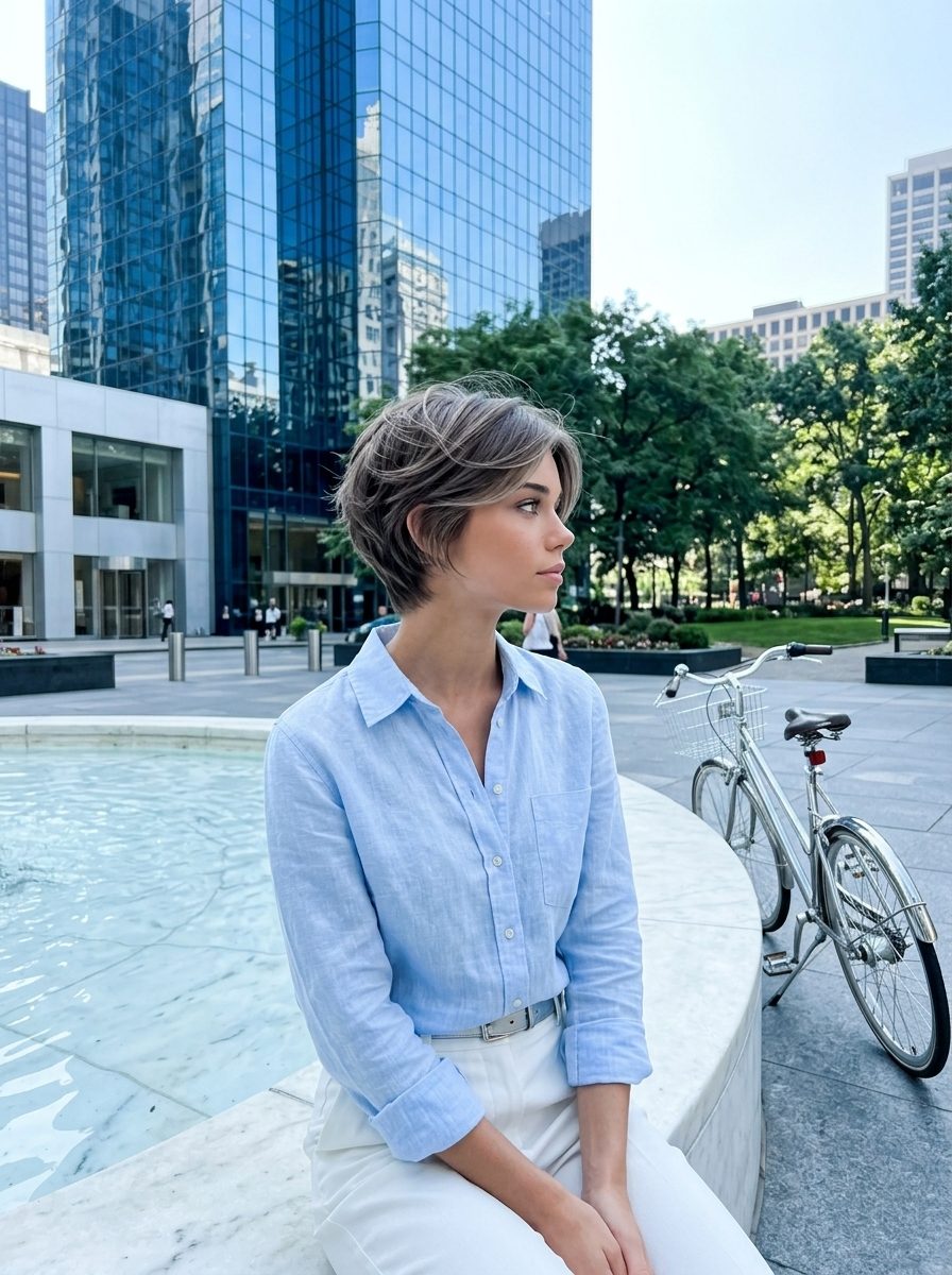 short crop haircut with cool ash brown and cool beige babylights, feathered texture, swept front pieces — playful daily wear
