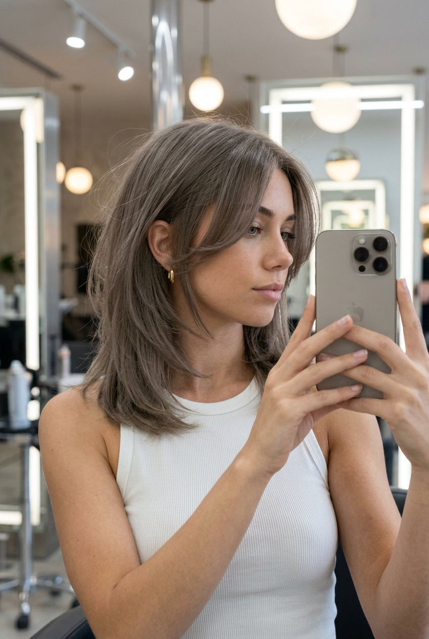 shoulder-length kitty cut in cool ash brown with feathered face-framing layers — chic minimalist style