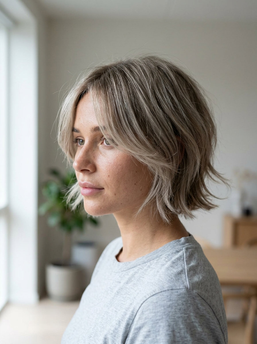 Scandinavian Shaggy Bixie Haircut 2026 very short bixie haircut with ashy blonde, cool beige tones, dark blonde root — minimalist, cool-toned, effortless