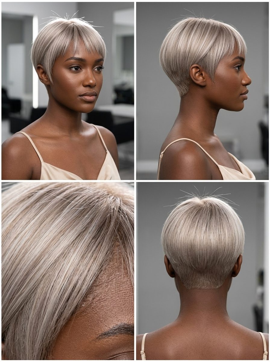 Sterling Sleek Pixie Haircut 2026 very short blunt pixie haircut with ashy blonde, platinum babylights, short blunt fringe — professional minimalist meeting