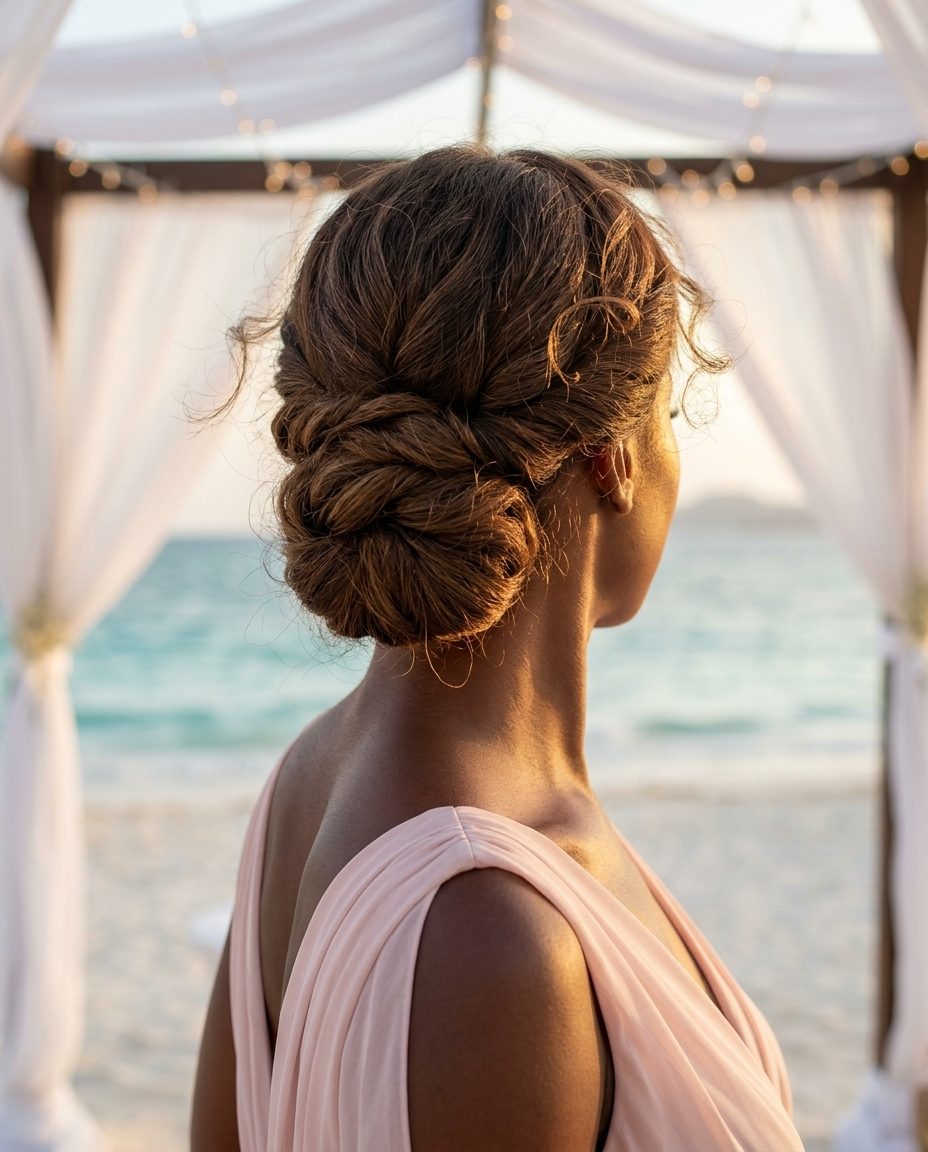 long deep auburn romantic summer chignon with face-framing pieces, twisted bun, elegant romantic