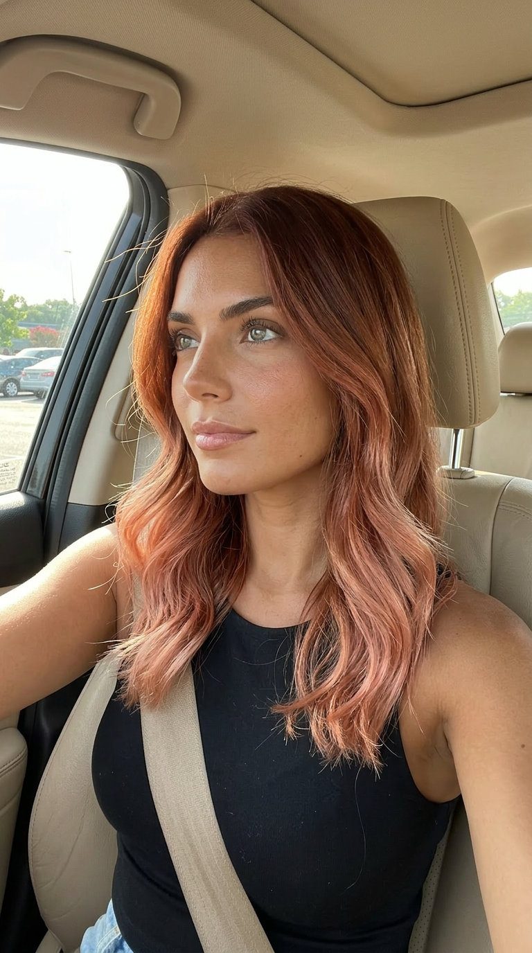 long layered auburn with rose gold dip-dye, playful mood