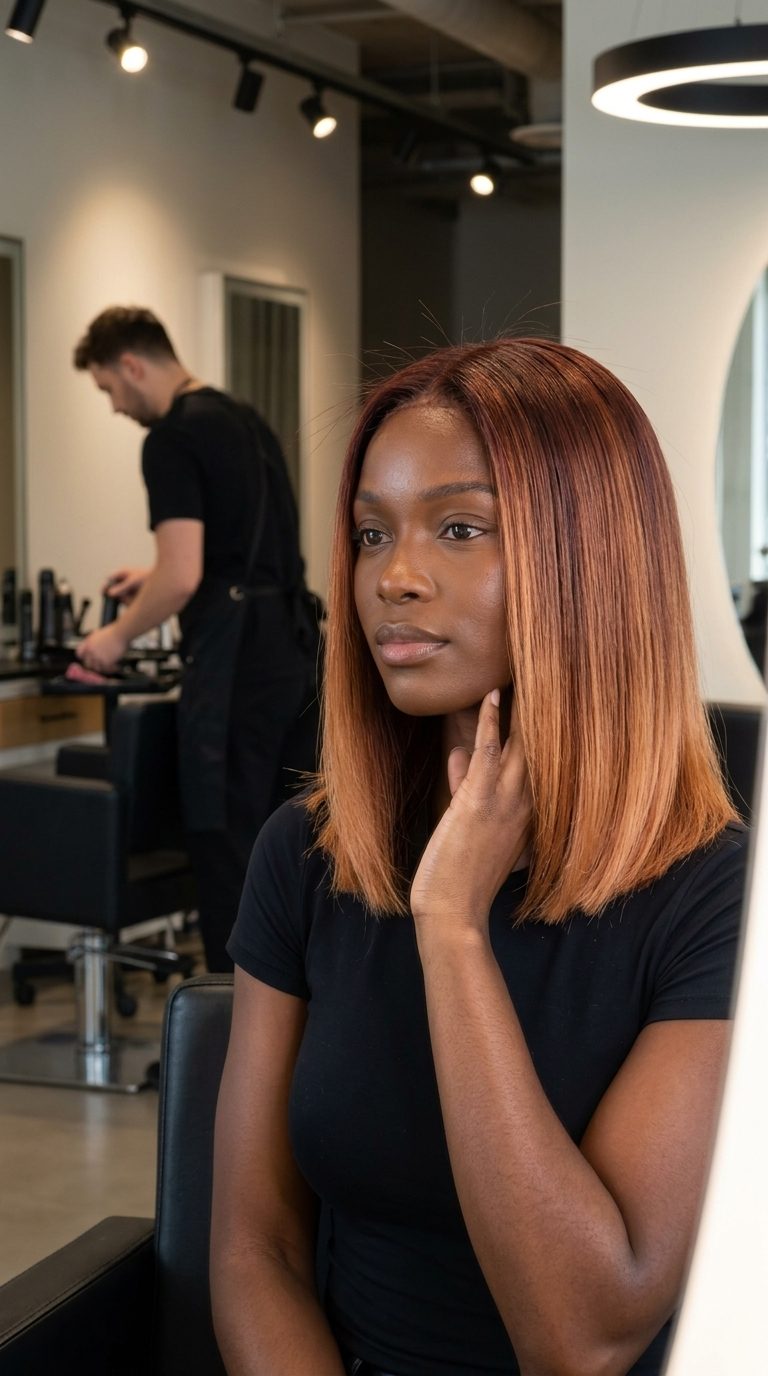 long layered auburn ombré with golden peach glaze, romantic mood