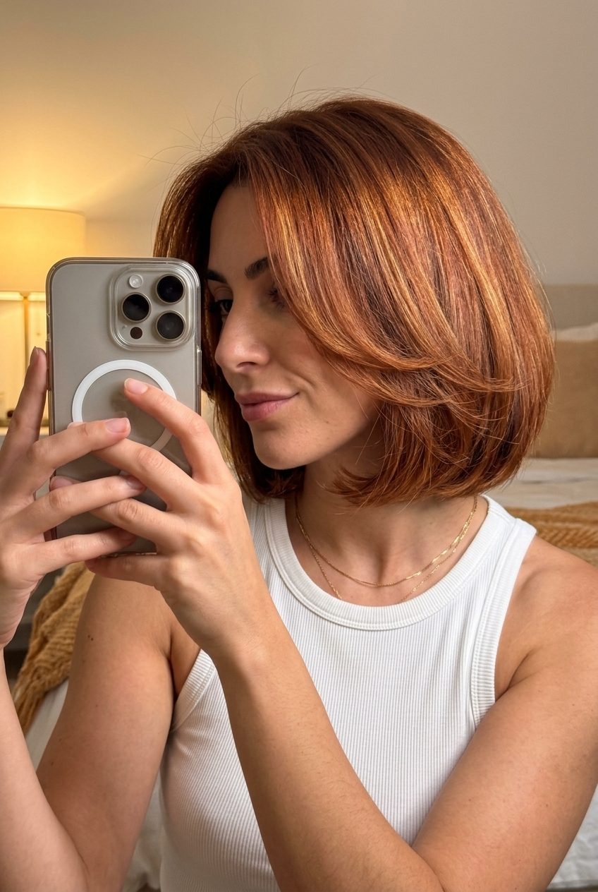 Glamorous Auburn Bob 2026 medium auburn bob with coppery undertones, golden babylights and face-framing layers for summer
