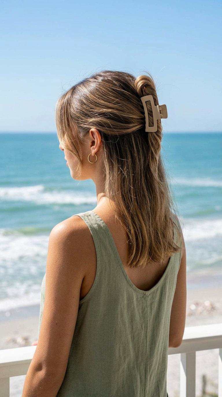 long balayage hairstyles with half-up twist and claw clip for effortless chic