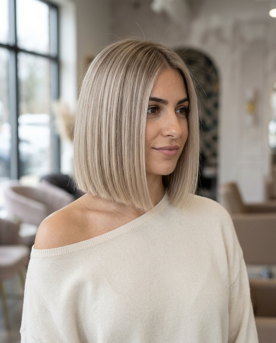 chin-length blunt bob in neutral beige blonde with ash root shadow for modern chic
