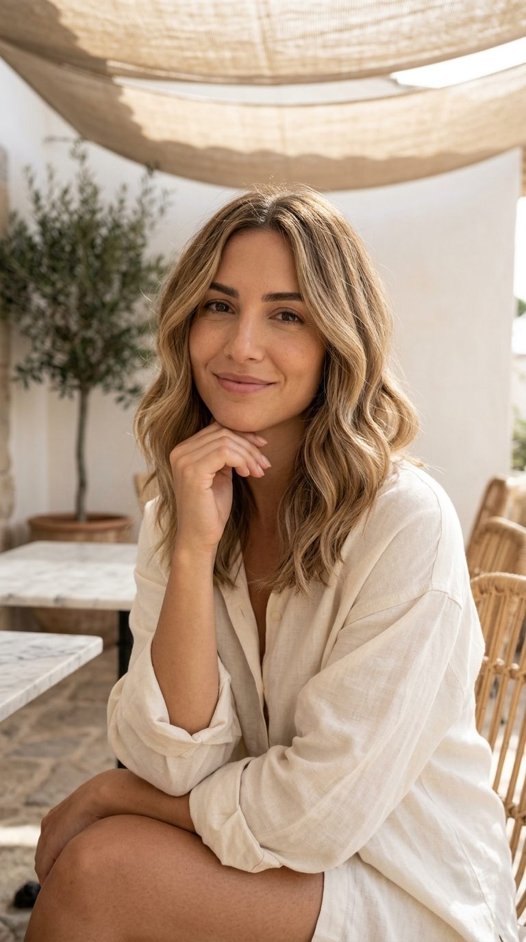 Beige Bronde Wavy Curve Cut 2026 medium soft curve cut wavy haircut in warm beige bronde with golden babylights, seamless layers, swept-aside fringe — effortless daily wear