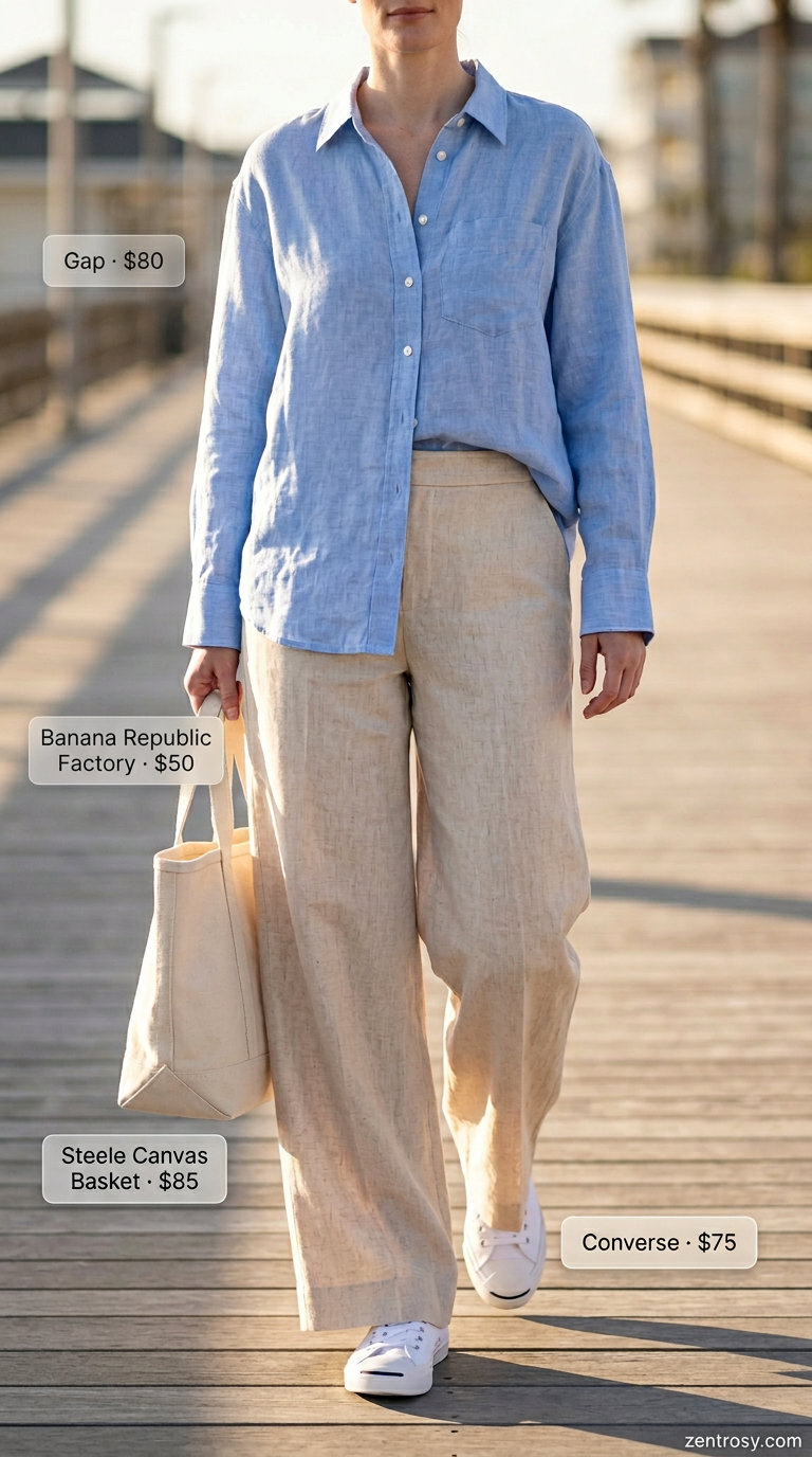 Casual Linen Pants & Shirt 2026 Casual beige linen wide leg pants and white shirt for beach getaways and summer travel in 2026.