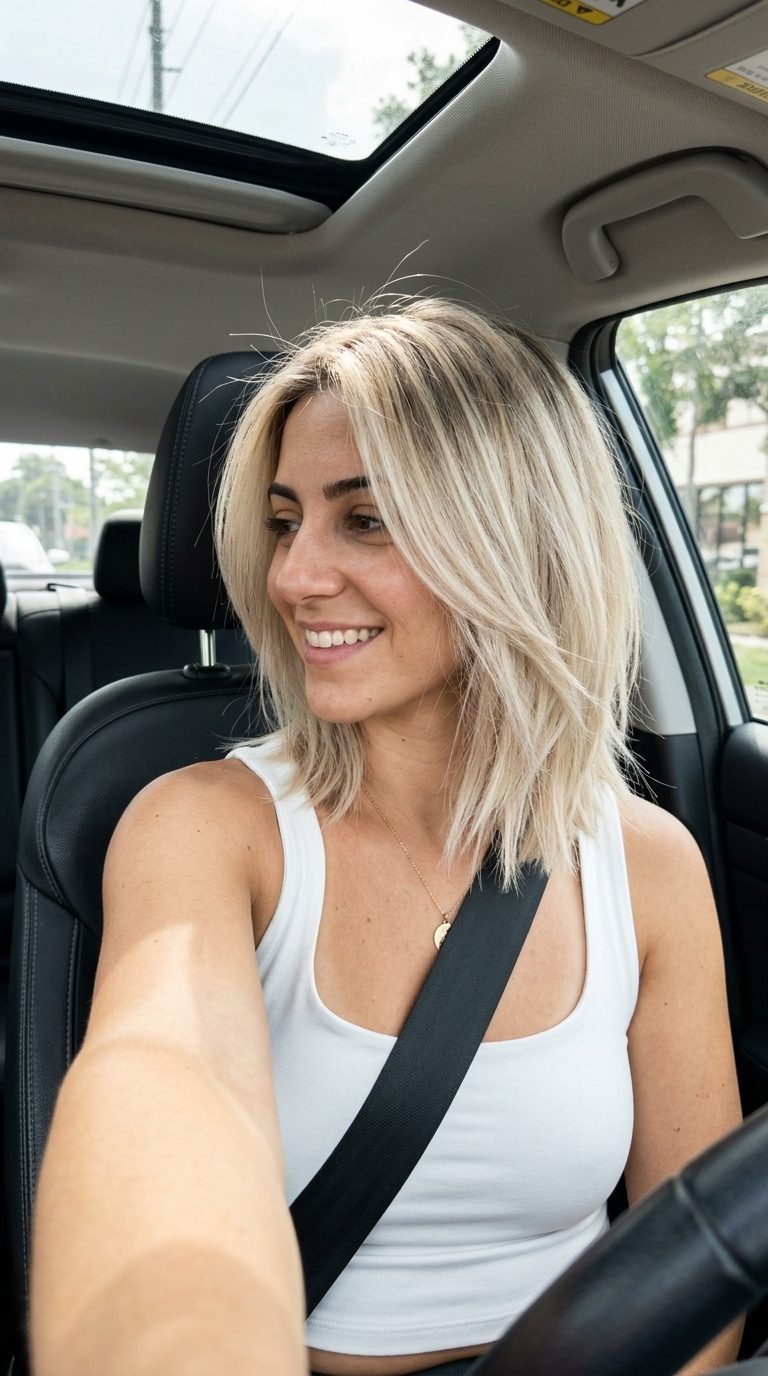 Linen Blonde Tousled Lob: Effortless & Cool 2026 medium lob haircut in beige platinum blonde with cool root smudge and razored texture for playful looks