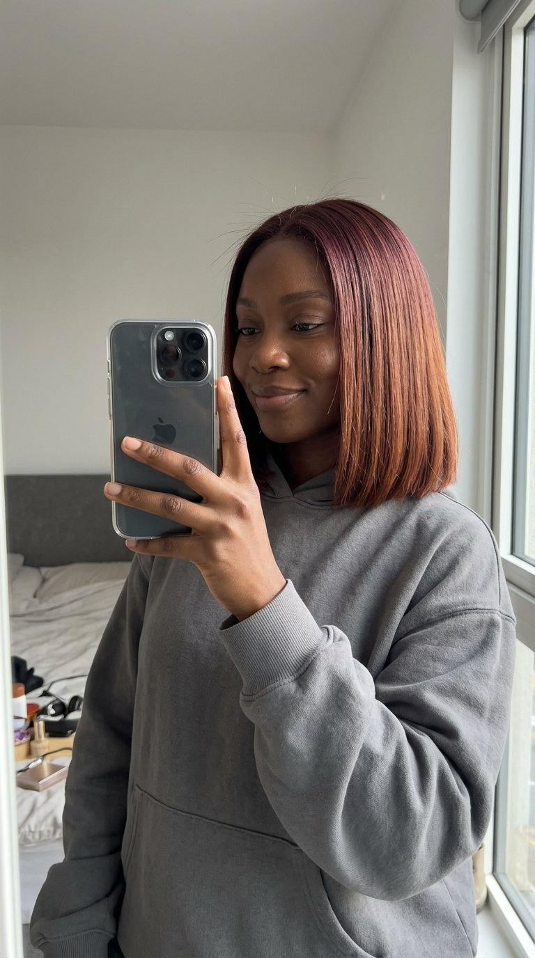 collarbone-length bob auburn root smudge with berry & warm auburn tones, blunt cut for polish
