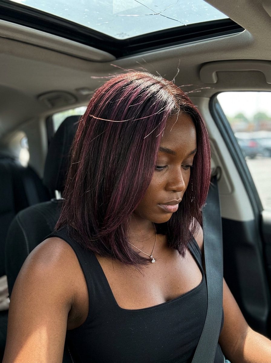 long layered berry highlights on dark brunette with muted violet-red for casual