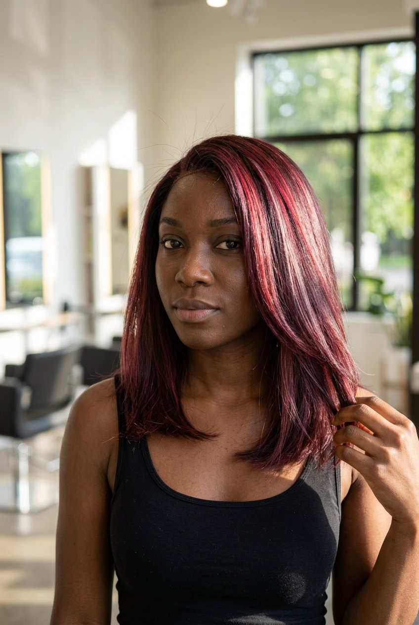 Berry Red Air Touch Balayage 2026 long berry red air touch balayage with crimson ribbons, violet undertones — alluring date night look