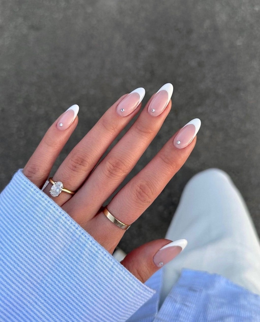 Classic French with Rhinestones Medium Almond Nails Classic French with Rhinestones Medium Almond Nails — Best Chic Nails
