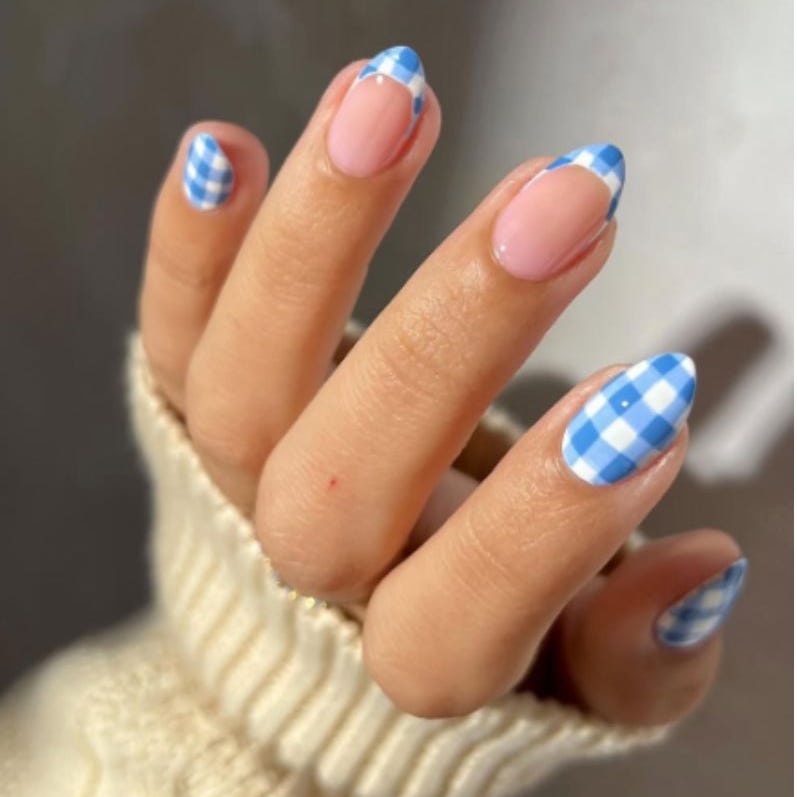 Gingham French Tip Short Oval Nails, Glossy Gingham French Tip Short Oval Nails, Glossy — Best Chic Nails