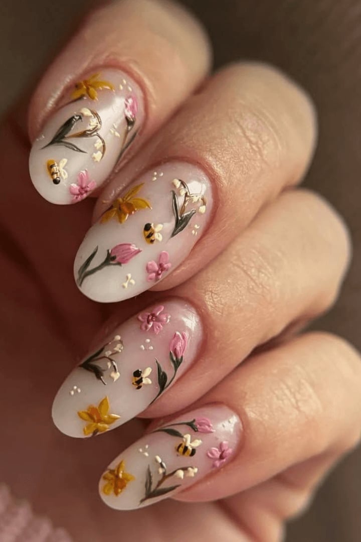Medium Oval Spring Nails with Floral and Bee Art Medium Oval Spring Nails with Floral and Bee Art — Best Classy Nails