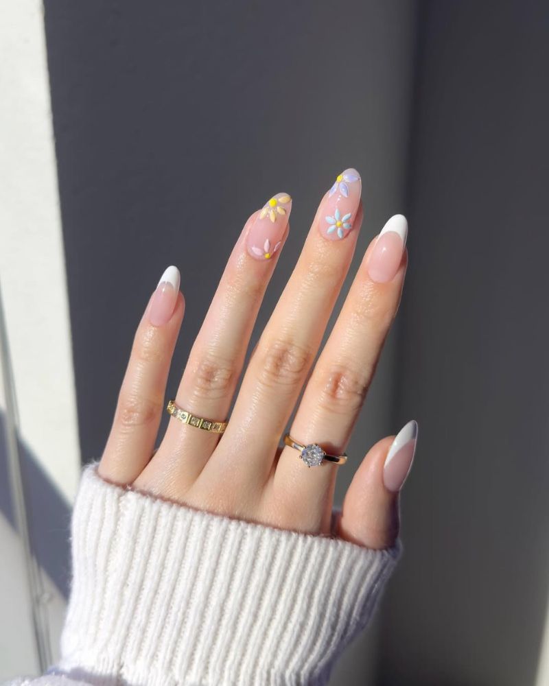 Nude French Almond Nails with Pastel Flowers Nude French Almond Nails with Pastel Flowers — Best Classy Nails