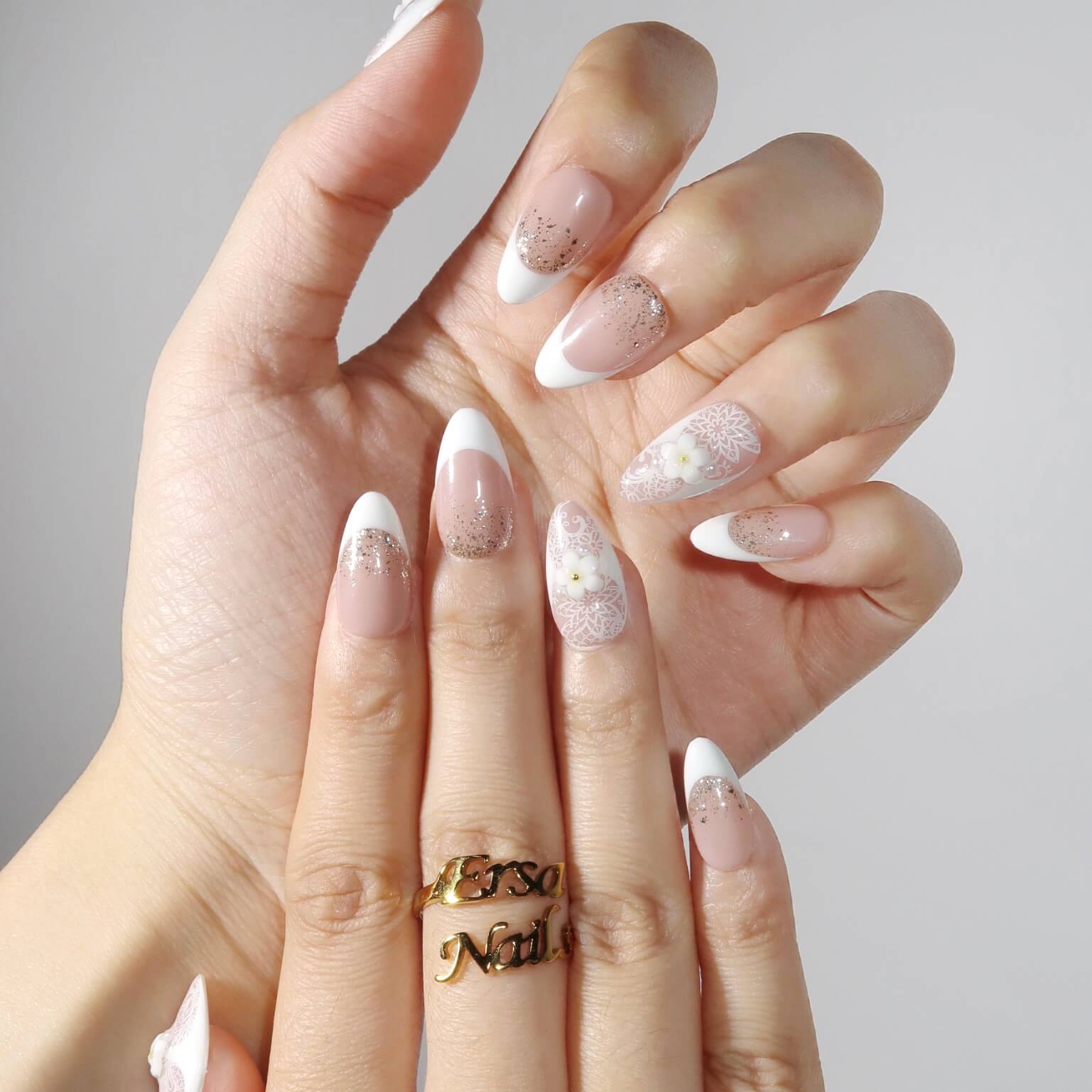 Nude Medium Almond Nails with Lace and Glitter Nude Medium Almond Nails with Lace and Glitter — Best Classy Nails