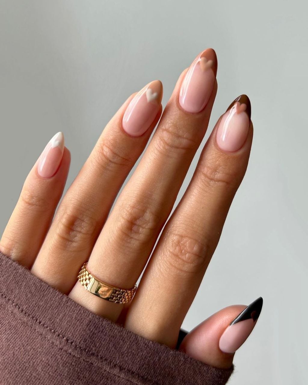 Nude Pink Medium Almond Nails with Abstract Brown White Tips Nude Pink Medium Almond Nails with Abstract Brown White Tips — Best Classy Nails
