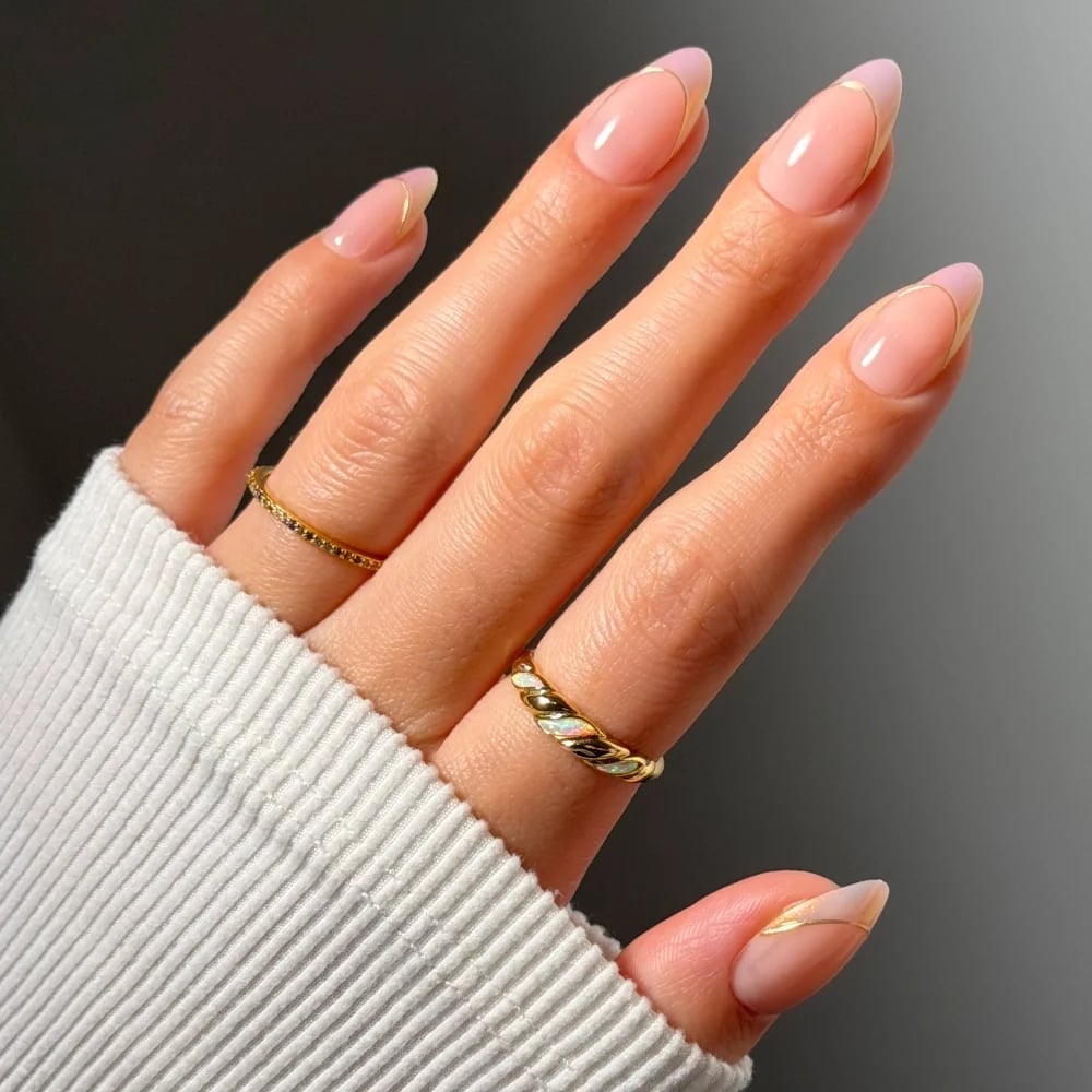 Glossy Sheer Pink Medium Almond Nails with Gold Lines Glossy Sheer Pink Medium Almond Nails with Gold Lines — Best Classy Nails