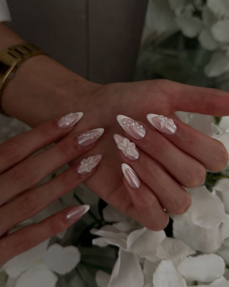 Pearlescent Pink Almond French Nails with Pearls Pearlescent Pink Almond French Nails with Pearls — Best Cute Almond Nails