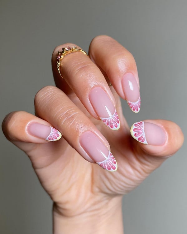 Pink Base Almond Nails with White Floral French Tips Pink Base Almond Nails with White Floral French Tips — Best Cute Almond Nails
