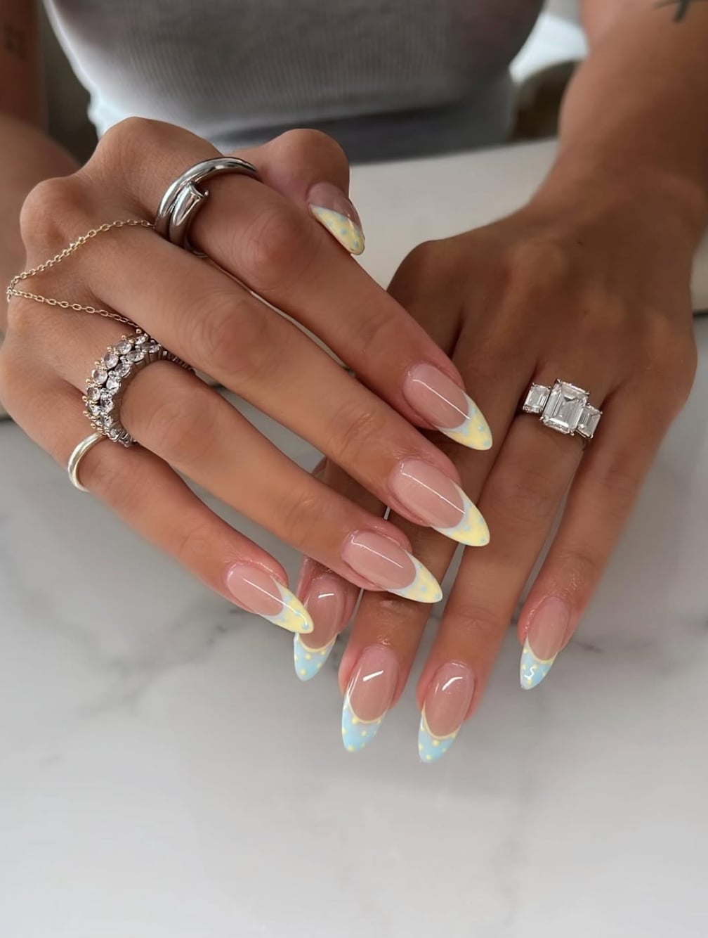 Natural Pink Almond Nails with Yellow and Blue French Tips Natural Pink Almond Nails with Yellow and Blue French Tips — Best Cute Almond Nails