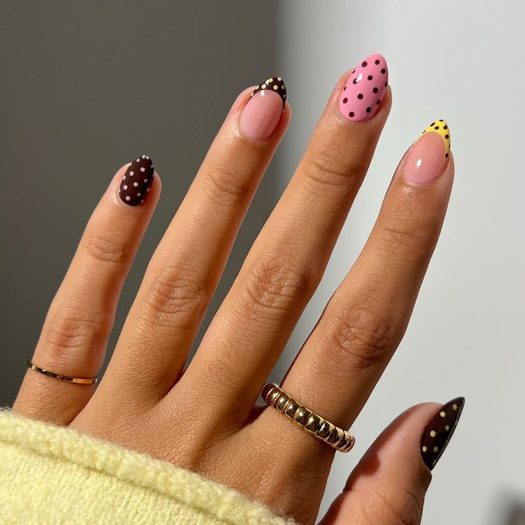 Natural Pink Almond Nails with Brown Pink Yellow French, Close-Up Take Natural Pink Almond Nails with Brown Pink Yellow French, Close-Up Take — Best Cute Almond Nails