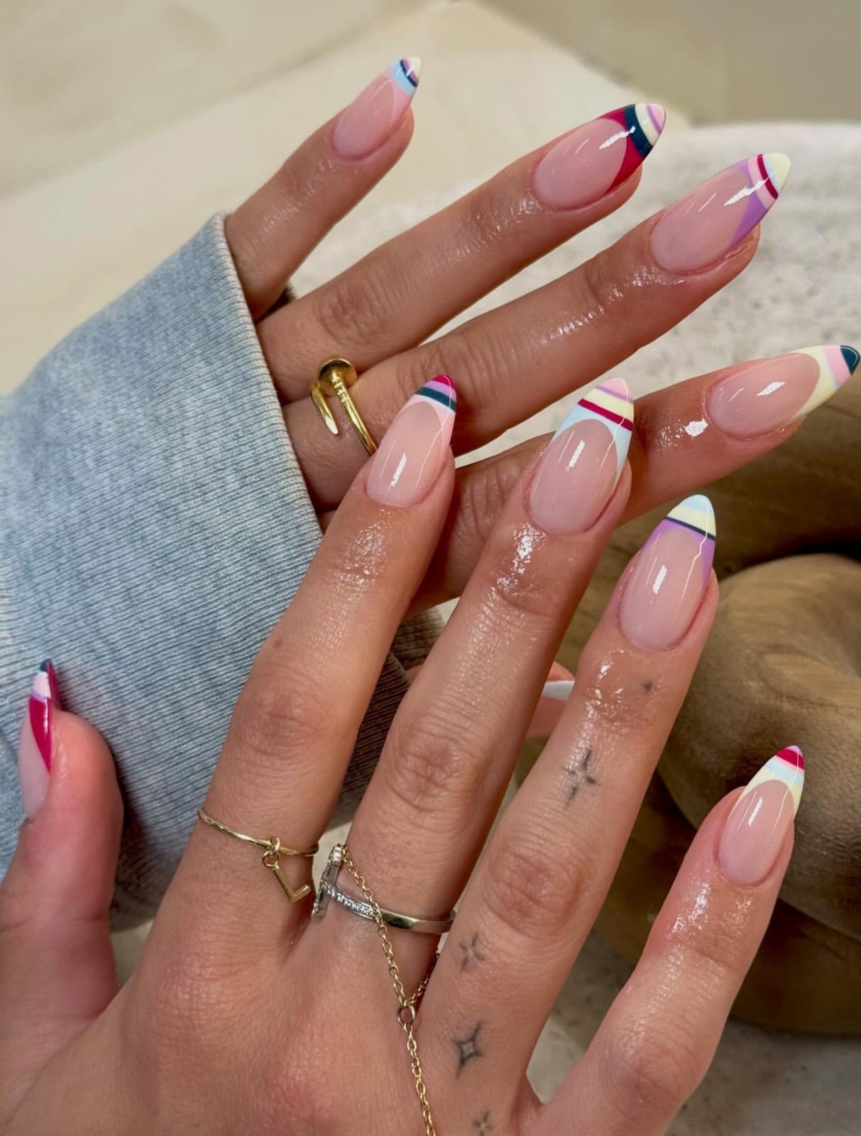 Nude Almond French Tips with Colorful Geometric Stripes Nude Almond French Tips with Colorful Geometric Stripes — Best Cute Almond Nails
