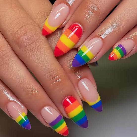 Sheer Pink Almond Nails with Rainbow French Tips Sheer Pink Almond Nails with Rainbow French Tips — Best Cute Almond Nails