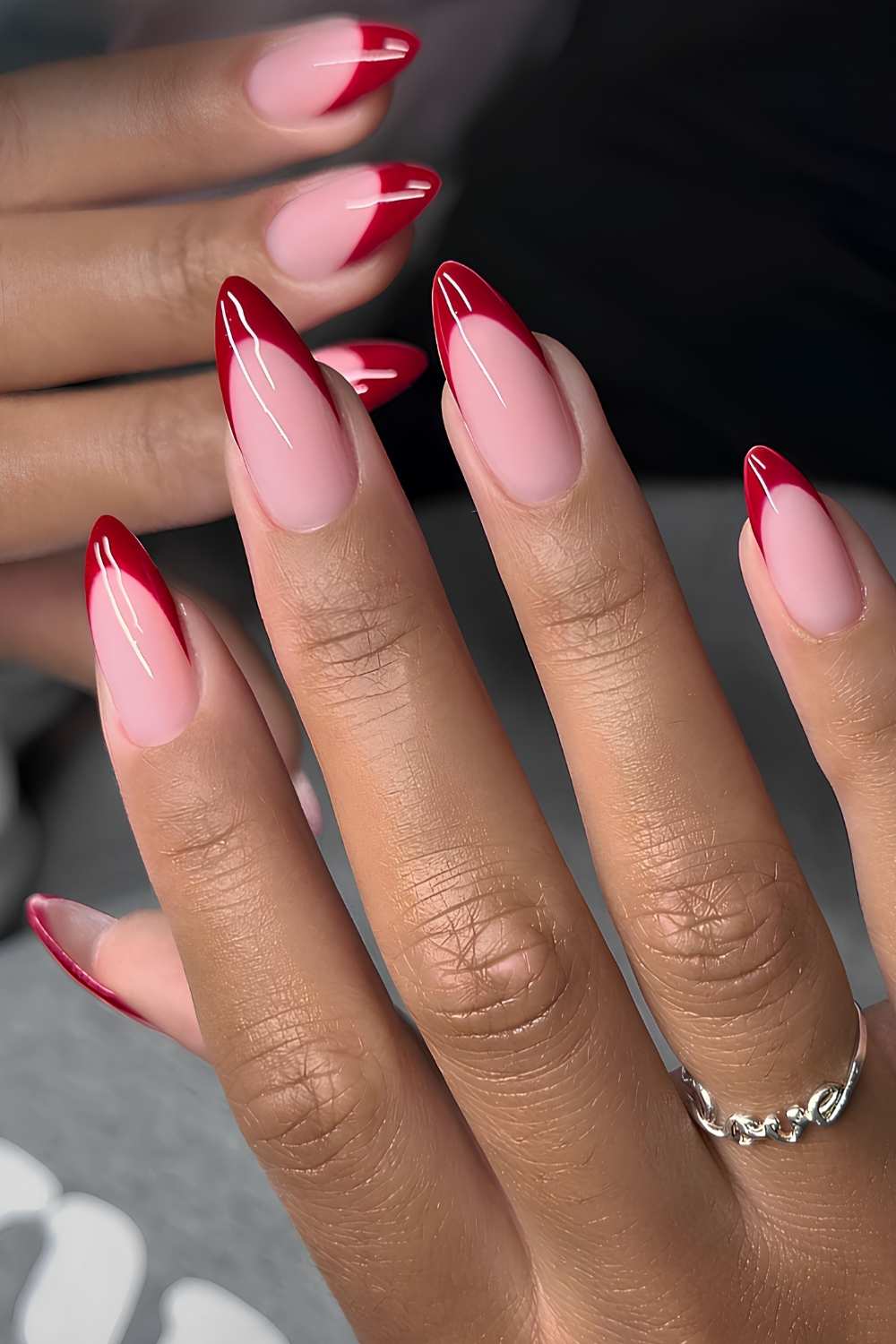 Sheer Nude Almond Nails with Bold Red French Tips Sheer Nude Almond Nails with Bold Red French Tips — Best Cute Almond Nails
