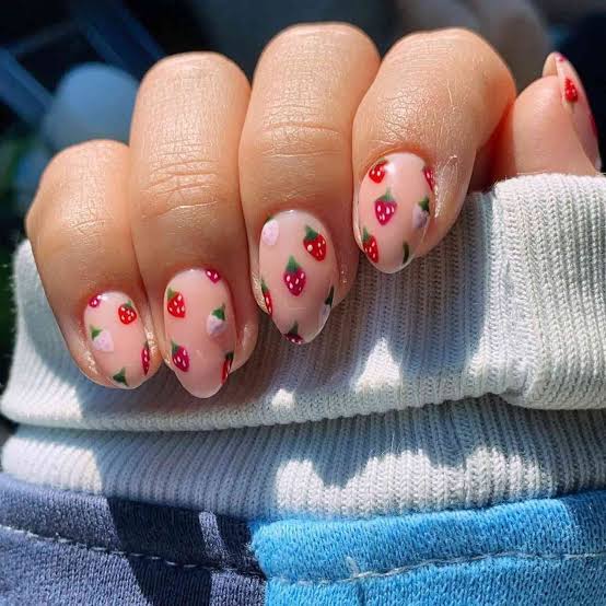 Sheer Pink Almond Nails with Strawberry Art Sheer Pink Almond Nails with Strawberry Art — Best Cute Almond Nails