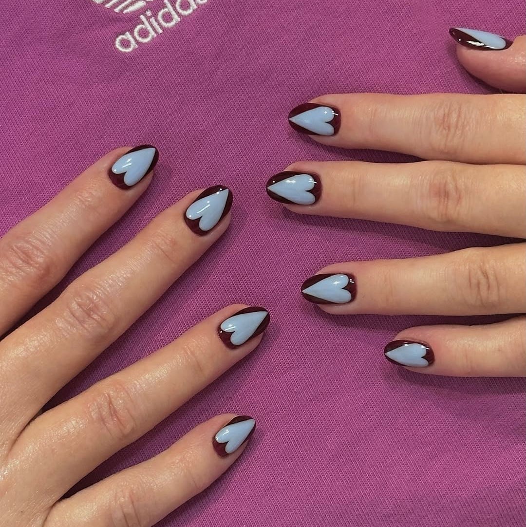 Deep Red Almond Nails with Light Blue Heart Outlines Deep Red Almond Nails with Light Blue Heart Outlines — Best Cute Almond Nails