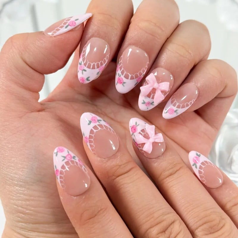 Nude Almond Nails with Lace Pattern and Pink Rose Nude Almond Nails with Lace Pattern and Pink Rose — Best Cute Almond Nails