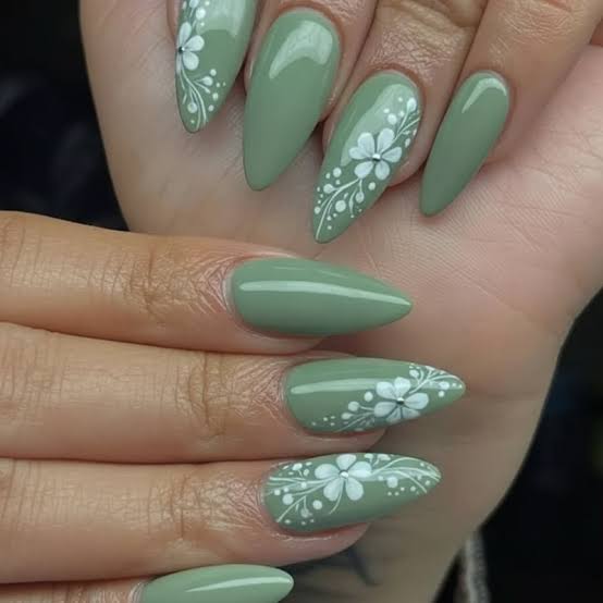 Long Sage Green Almond Nails with White Floral Vines Long Sage Green Almond Nails with White Floral Vines — Best Cute Almond Nails