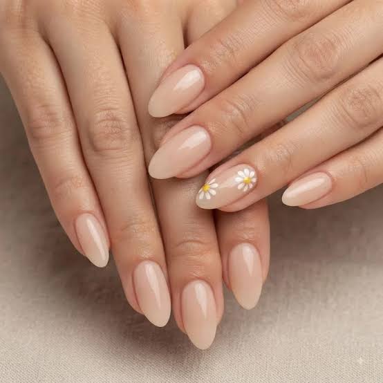 Sheer Nude Almond Nails with Daisy Accent Sheer Nude Almond Nails with Daisy Accent — Best Cute Almond Nails