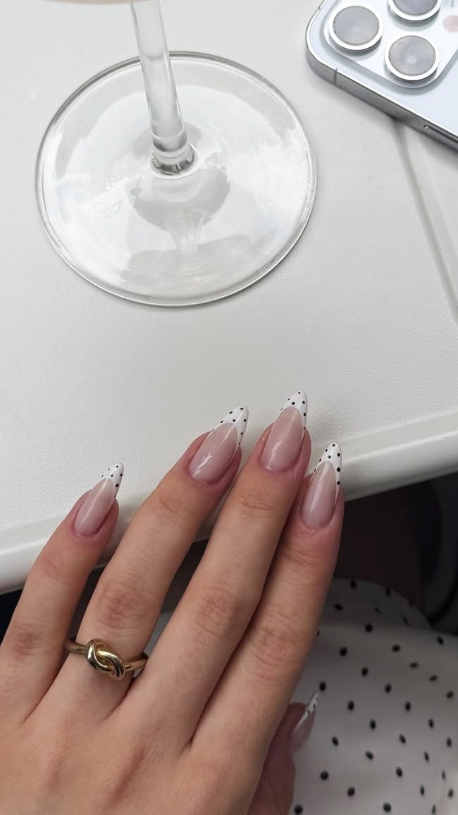 Sheer Nude French Tip Nails with Black Polka Dots Sheer Nude French Tip Nails with Black Polka Dots — Best Cute Almond Nails