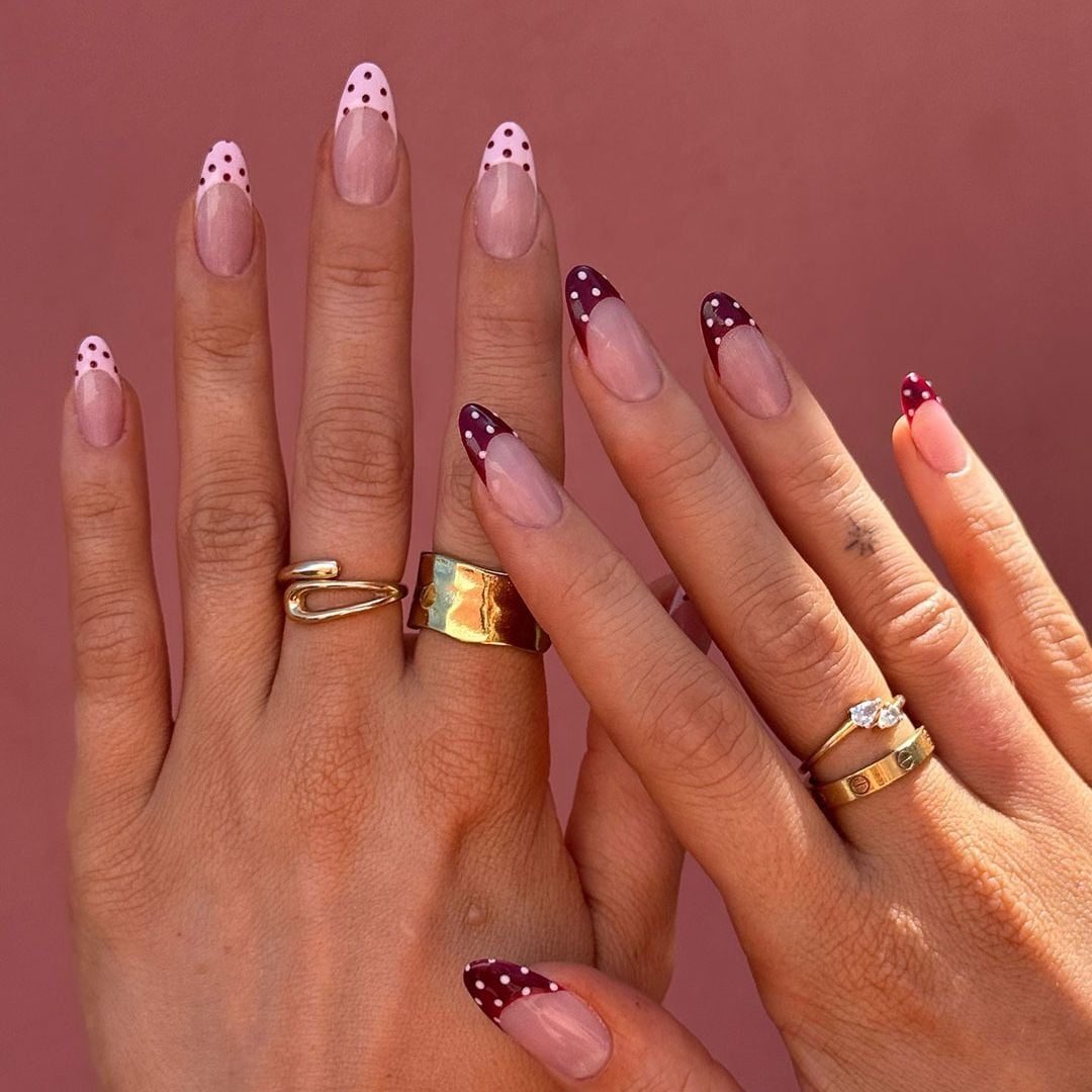 Medium Almond Burgundy Polka Dot Tips — Best Cute French Tip Nails